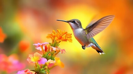 Fototapeta premium A photo of a hummingbird in flight, captured as it hovers near an orange flower.