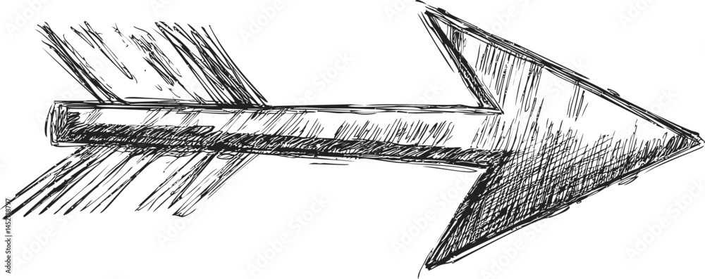 Aufkleber hand-drawn sketch of a bold arrow pointing to the right in black and white. vector illustration.