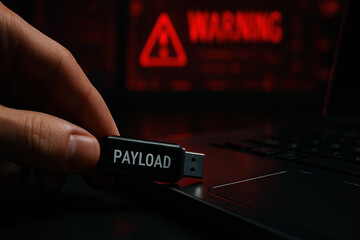A strategically inserts a USB drive labeled payload into a laptop symbolizing critical business decisions focused on innovation security and operational strategy