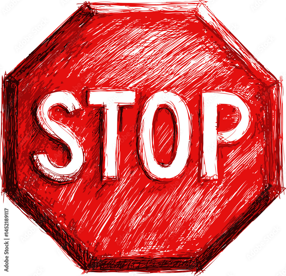 Poster red stop sign with sketched details in a hand-drawn artistic style. vector illustration.