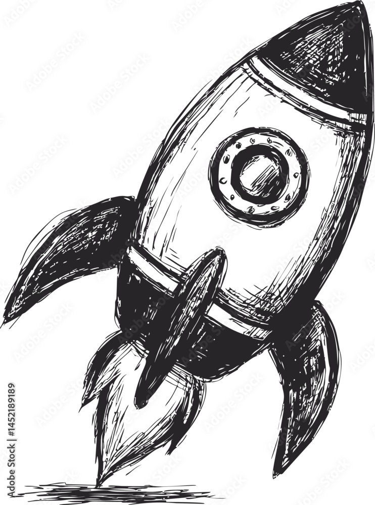 Poster sketch of a vintage rocket with detailed textures and dynamic pose. vector illustration.