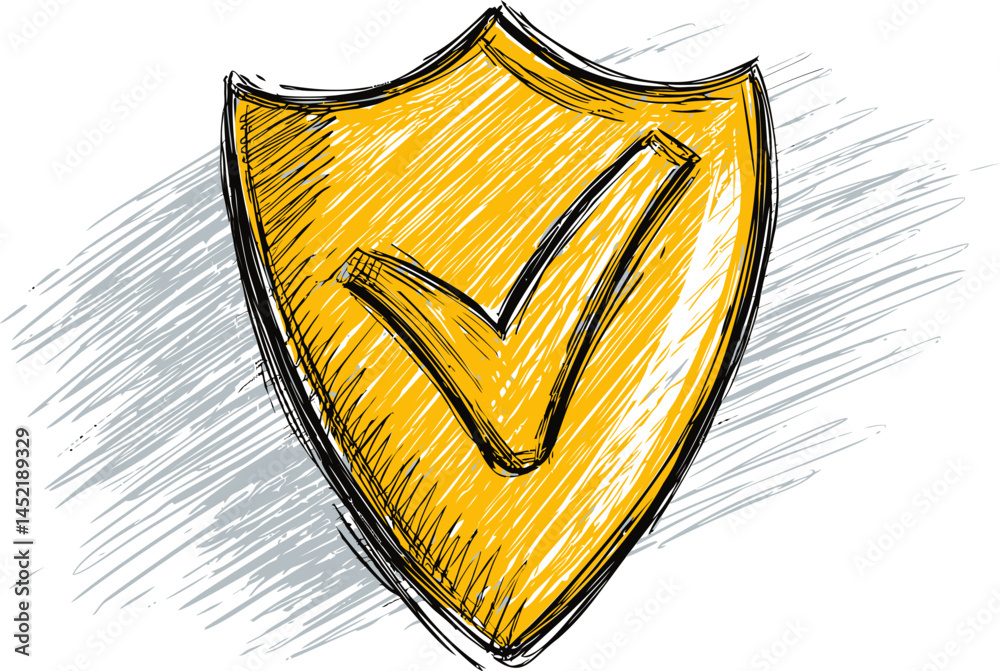 Poster yellow shield with checkmark sketch on textured background, symbol of security. vector illustration.
