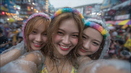 Obraz premium Smiling Girls Enjoy Sinchon Water Gun Festival – Fun Summer Street Event in Korea