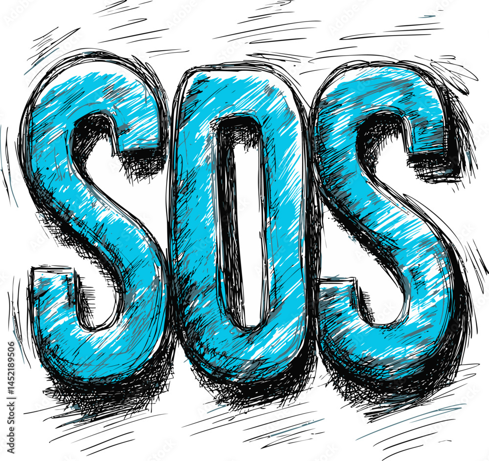 Aufkleber blue sketch of the word sos with black outline and scribbled texture. vector illustration.