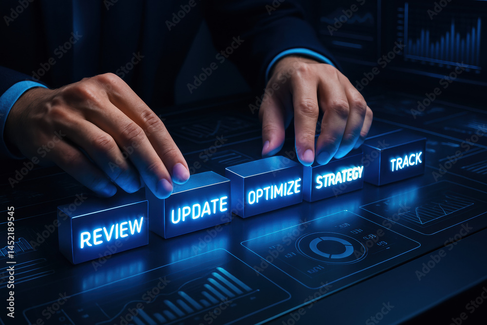 Poster a business professional strategically adjusts illuminated blocks representing review update optimiza