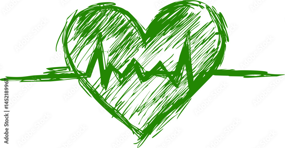 Poster green sketch of heart with heartbeat line scribbled in vibrant style. vector illustration.