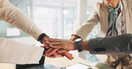 Collaboration, hands and meeting with business people in office for motivation, solidarity or...