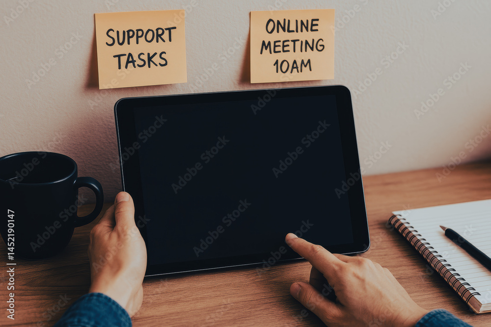 Poster an individual is preparing for an online meeting highlighting business tasks with notes while using 