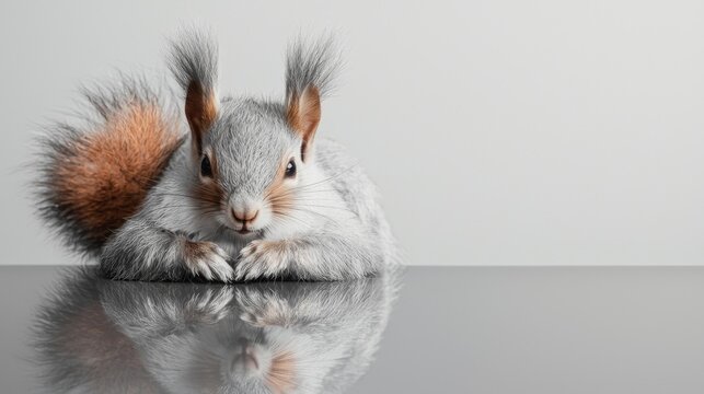 A curious squirrel with a fluffy tail resting on a reflective surface.