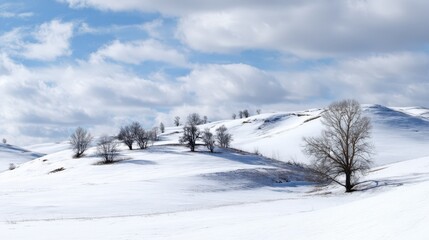 Obraz premium Serene Winter Landscape Snow Covered Hills and Leafless Trees Under a Blue Sky