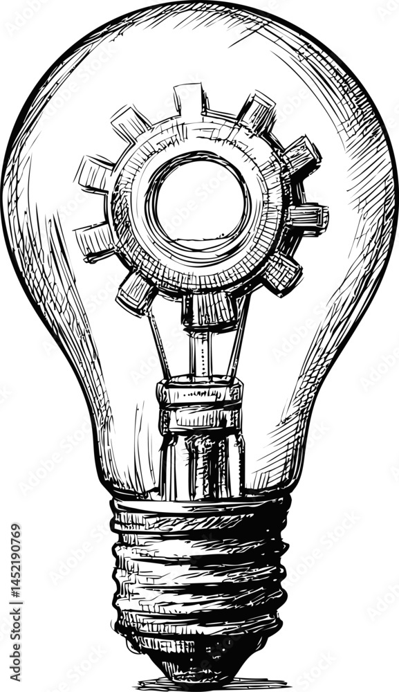 Poster sketch of a light bulb with a gear inside symbolizing innovation. vector illustration.