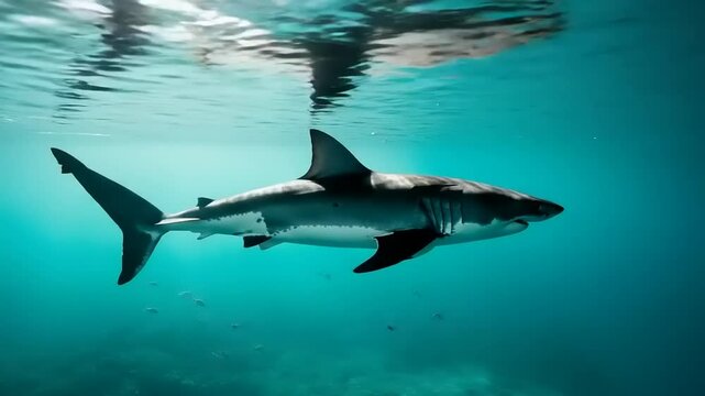 Close-up of great white shark mako swimming underwater in front of camera in a school of fish off the coast of Guadeloupe, Mexico. Carcharodon carcharias, or white shark. Most predator shark in ocean