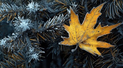 Frozen autumn leaf nestled among dark branches.
