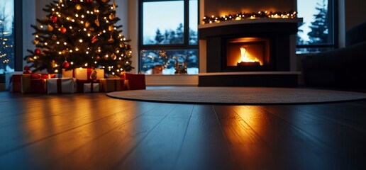 Illuminated Christmas ambiance, warm hearth and twinkling tree reflecting on floor