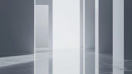 A minimalist interior featuring tall, sleek structures and soft, diffused light.