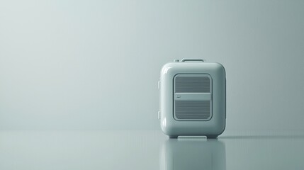 A minimalistic design of a modern air conditioner on a reflective surface.