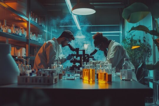 Innovative scientific team collaborates in a vibrant lab environment, exploring new frontiers with advanced equipment and diverse perspectives