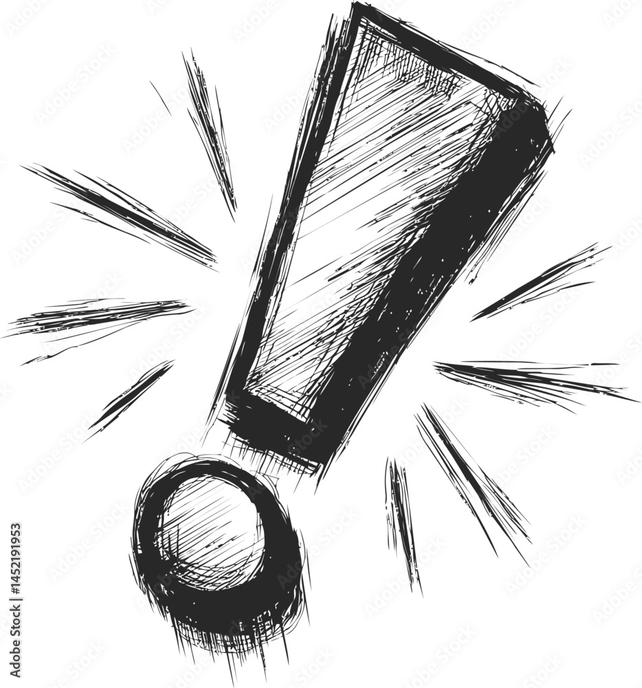 Poster Sketch of a large black exclamation mark with dynamic lines and energy. Vector illustration.