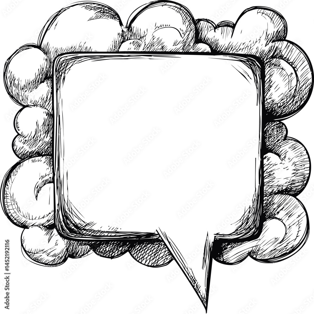 Poster hand-drawn speech bubble with clouds in black and white sketch style. vector illustration.