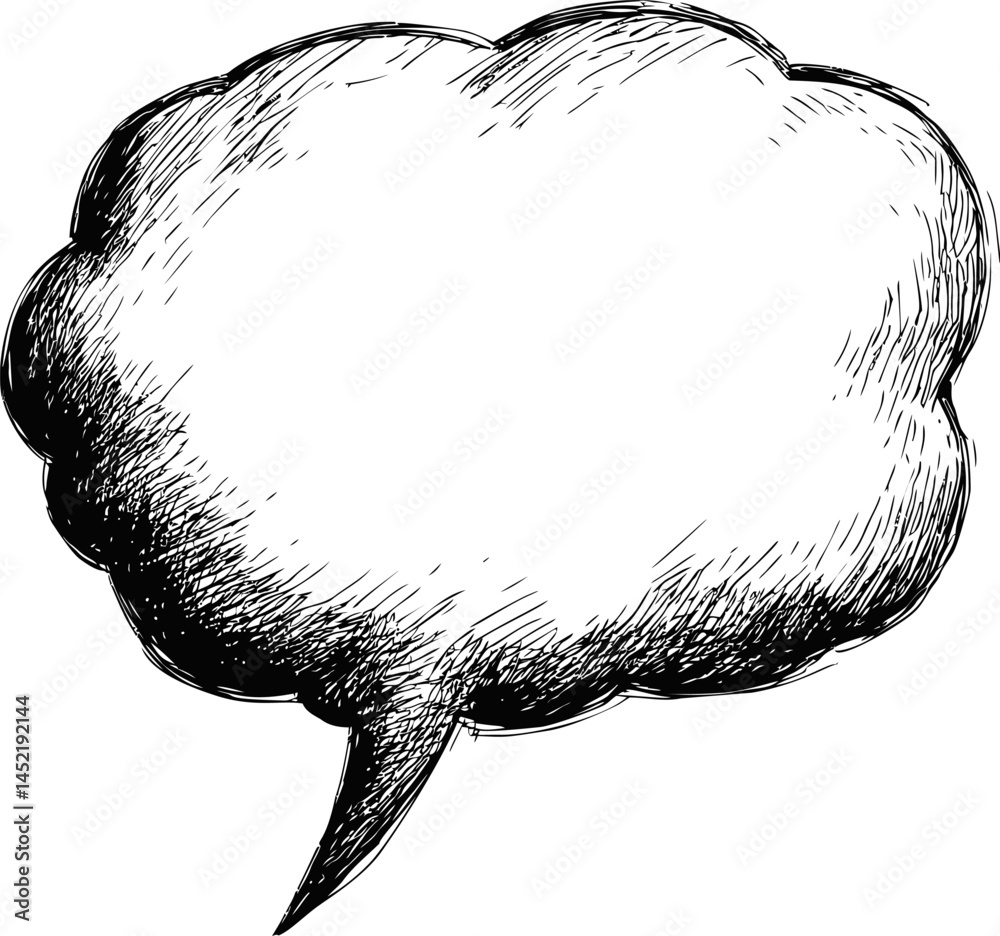 Poster Sketch of a blank speech bubble in black and white with textured lines. Vector illustration.