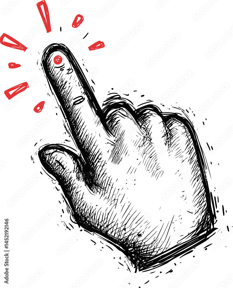 Poster hand-drawn sketch of a hand with an inflamed finger with red lines emphasizing pain. vector illustra