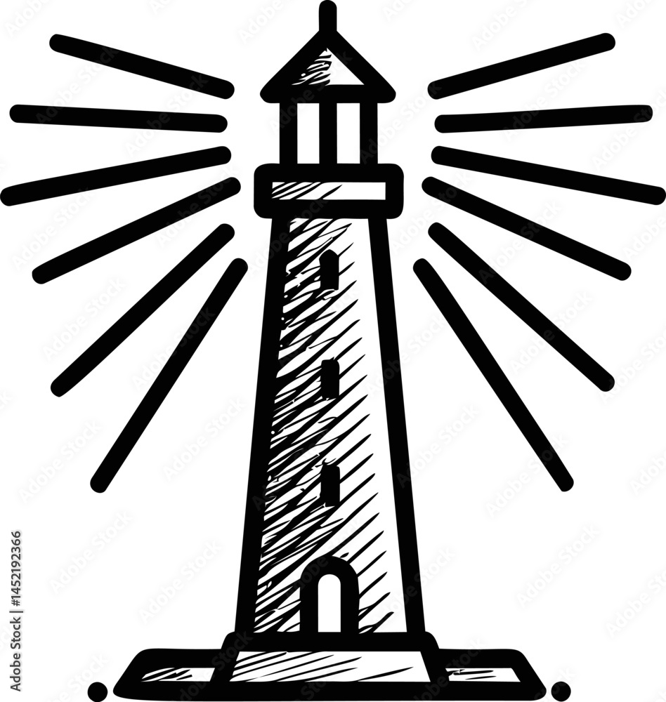 Poster black and white illustration of a lighthouse with shining rays, digital sketch. vector illustration.