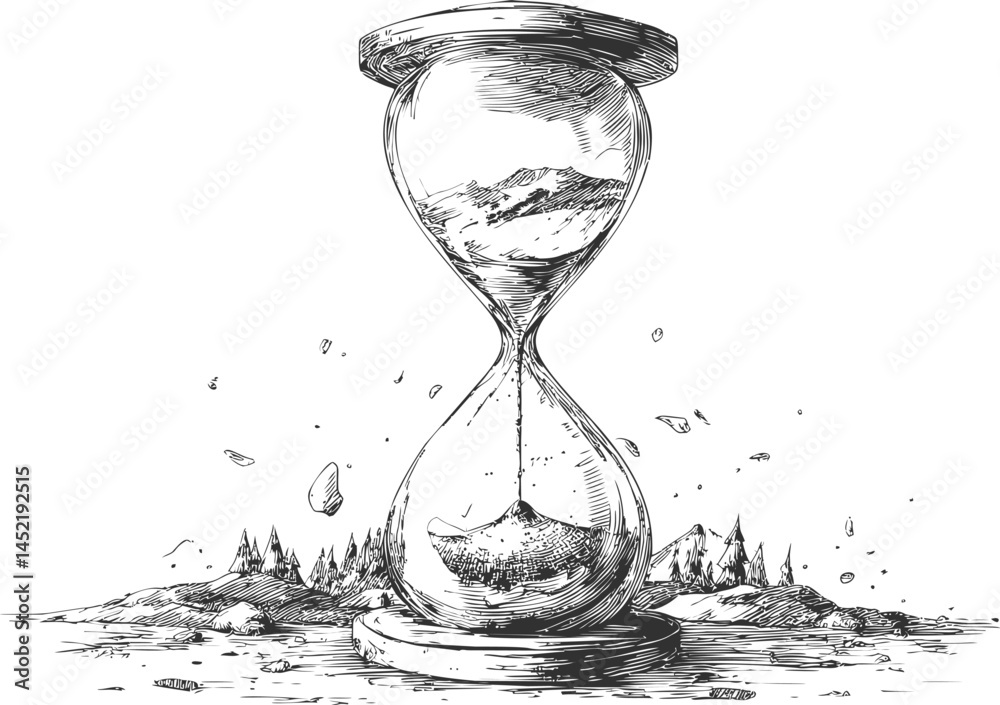 Poster sketch of an hourglass with mountains inside and sand flowing down. vector illustration.
