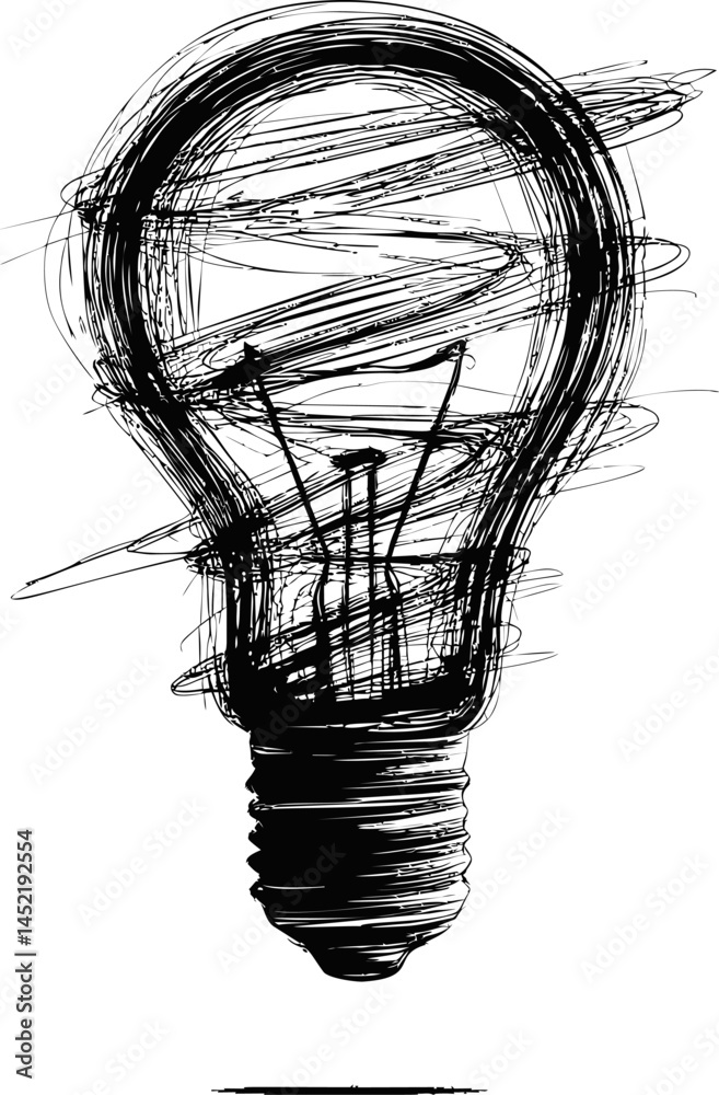 Poster sketchy black and white light bulb in abstract chaotic lines art. vector illustration.
