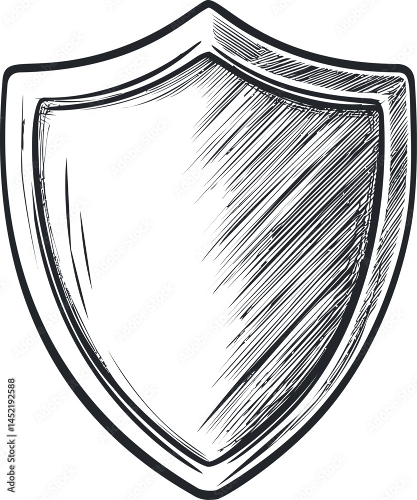 Poster black and white sketch of a shield with textured lines, security symbol concept. vector illustration