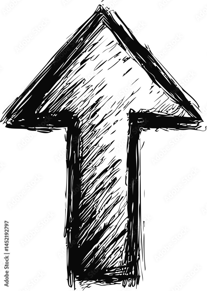 Poster sketched black arrow pointing upward with rough artistic lines, abstract drawing. vector illustratio