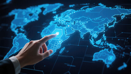 A hand interacts with a digital world map illuminated by hexagonal patterns, set against a dark background