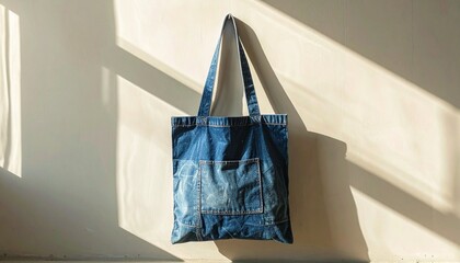 A tote bag recycled from used denim fabric hangs on a minimalist wall, an environmentally friendly fashion concept.