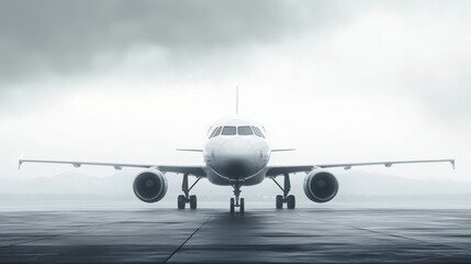 A sleek airplane parked on the runway under a cloudy sky, ready for takeoff.
