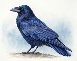 Fototapeta premium Majestic Watercolor Raven Illustration Dark Blue Bird Wildlife Art Avian Painting