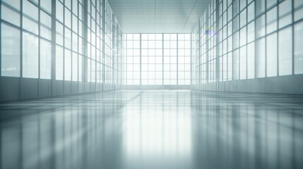 A spacious, modern interior with large windows and polished floors reflecting light.