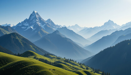 Obraz premium Majestic mountains rise above lush green hills, creating serene landscape filled with