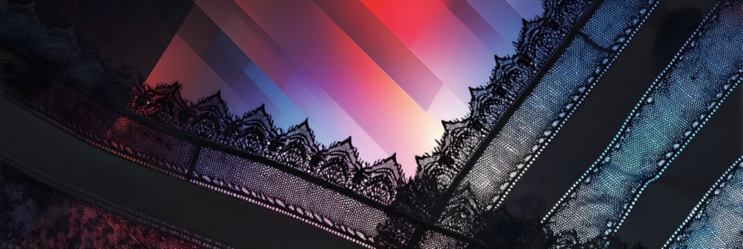 Abstract Light and Shadow: An artistic architectural perspective captures an abstract array of light beams cascading across an ornamented ceiling, evoking a sense of depth, color, and geometric form.