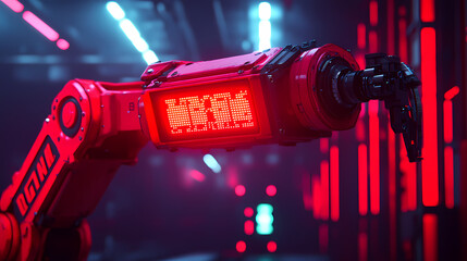 Fototapeta premium A red robotic arm with digital display operates in a futuristic, neon-lit industrial environment.