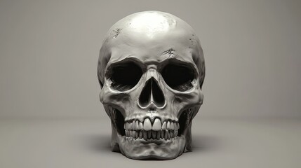 Obraz premium A detailed frontal view of a human skull against a neutral gray background. Subtle lighting