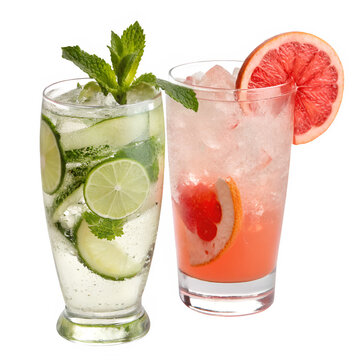 Gin and Tonic, Paloma cocktail PNG set bundle, transparent isolated background. Mixology, bar menu cocktails, colorful vibrant refreshing drink with garnish