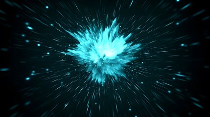 Obraz premium Abstract teal explosion burst radiating energy in dark space background digital art