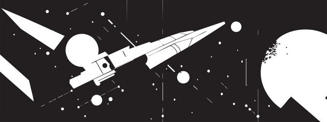 Abstract Space Exploration Illustration with a Rocket and Celestial Bodies in a Minimalist Style for Sci-Fi Themes and Artwork