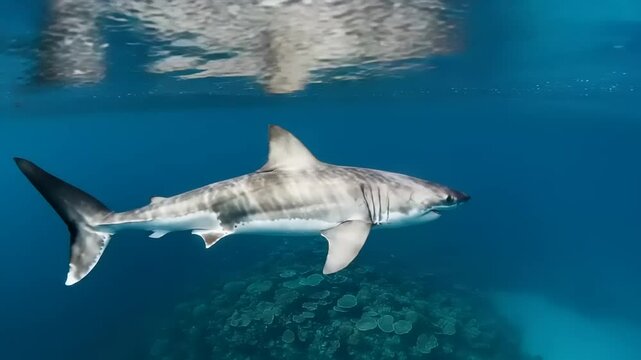 Close-up of great white shark mako swimming underwater in front of camera in a school of fish off the coast of Guadeloupe, Mexico. Carcharodon carcharias, or white shark. Most predator shark in ocean