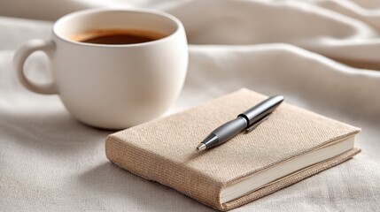 A cup of coffee sits beside a closed journal and pen on a cozy fabric surface, creating a calm and inviting atmosphere, Mindful Product Photography.