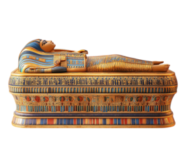 A golden Egyptian sarcophagus with a woman on top of it