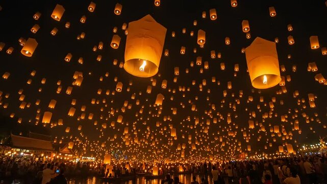 Dark sky filled floating lanterns night Flying Sky lanterns Chinese new year greetings Background. glowing stars flying chinese lucky lanterns. For festival invitation