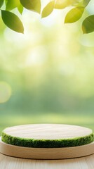 Podium stage motivation. Wooden podium with green moss border under leafy branches and bright sunlight, set against a natural, blurred outdoor background.