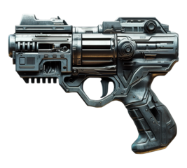 A silver gun with a black grip and a black barrel