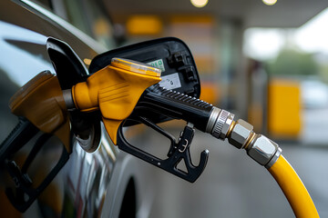 Close-up of a yellow and black fuel pump nozzle inserted into a car's fuel tank, set against the backdrop of a gas station in the daytime.