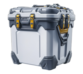 A white and grey box with yellow handles